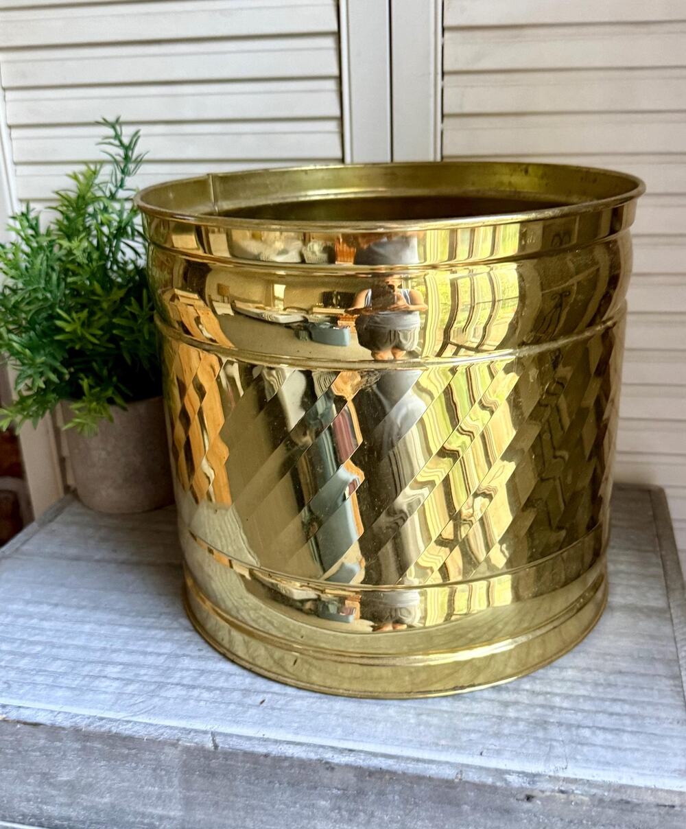 Bristol Brass Planter | Solid Brass Cachepot | Diagonal Stripe Brass Pot